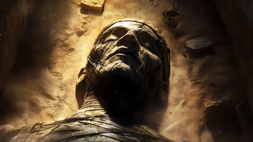 Sunlit tomb guardian lying in fractured desert silence.