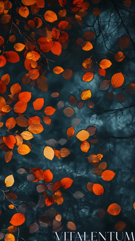 Autumn embers drift over midnight water in quiet motion.