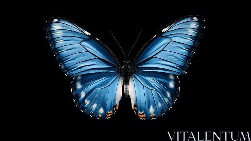 Blue morpho butterfly spreads iridescent wings on black