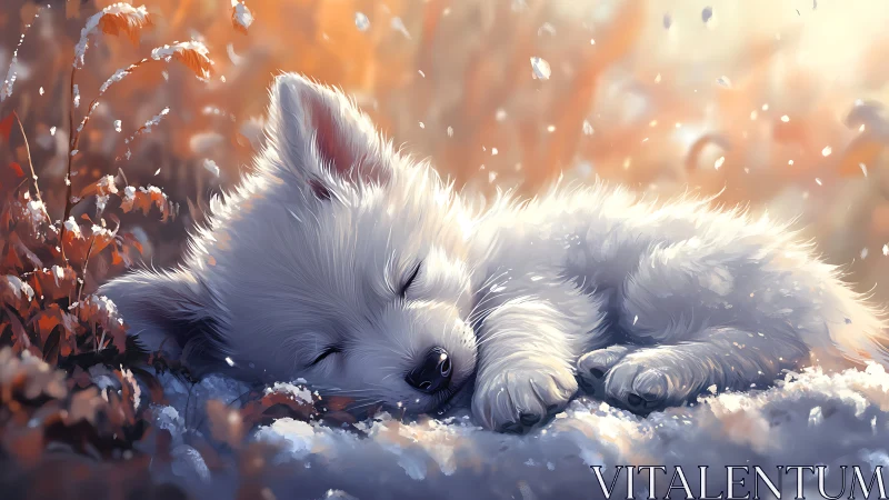 White puppy sleeping in soft snow under warm light glow.