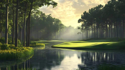 Sunlit forest golf fairway beside reflective waterway.