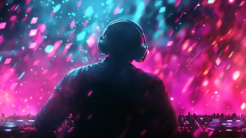 DJ silhouette mixing on neon stage with glowing lights.