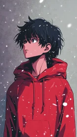 Solitary anime boy in red hoodie studies drifting winter snow
