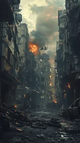 War torn city street engulfed in flames and rising smoke.