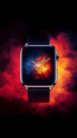 Futuristic smartwatch displays cosmic nebula firestorm face.