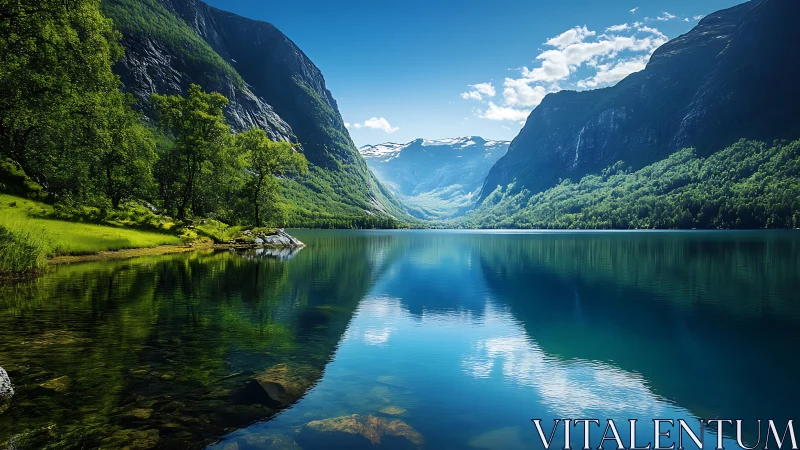 Glacial valley lake with bilateral reflection symmetry rendering.