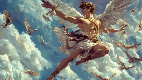 Winged celestial figure arcs through clouds in dynamic flight