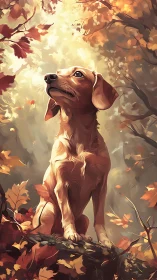 Digital illustration depicts dog in backlit autumn forest