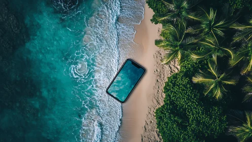 Smartphone on Tropical Beach Shore. Aerial Perspective.