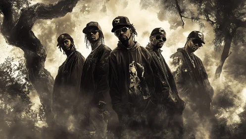 Urban hip-hop crew emerges from misty monochrome forest scene.