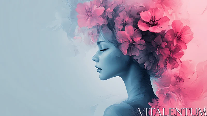 Blooming quietude paints a blue muse in drifting petals