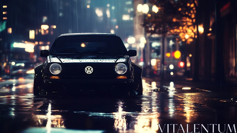 Vintage Volkswagen glows on rainy neon city street at night.
