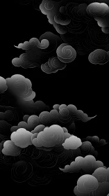 Monochrome swirling cloud pattern on deep black background.