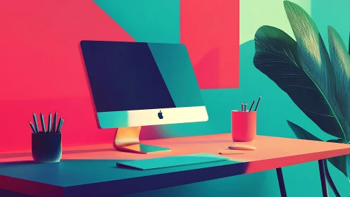 Desktop workstation with computer in colored studio light.