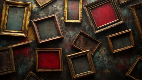 Oblique empty frames on distressed chromatic wall surface.
