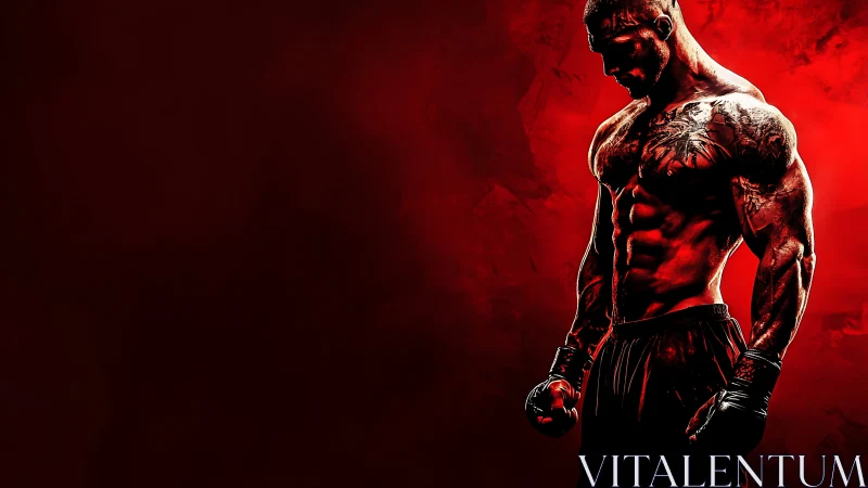 Muscular fighter in red high-contrast lighting studies resolve