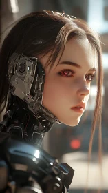 Quiet sunrise moment with a reflective young cyborg girl.