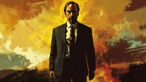 Solitary businessman in abstract golden inferno backdrop.