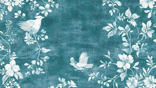 Teal Chinoiserie: Birds Among White Flowering Branches.