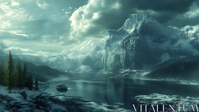 Futuristic rover under storm-lit glacial mountain range.