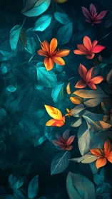 Orange tropical flowers glow over teal jungle foliage