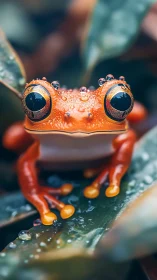 Bright-eyed orange tree frog rests alert on dewy leaves.