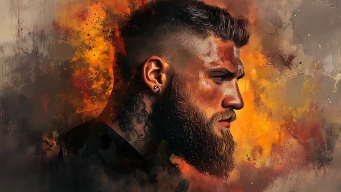 Bearded fire-thinker strides through an ember-streaked storm