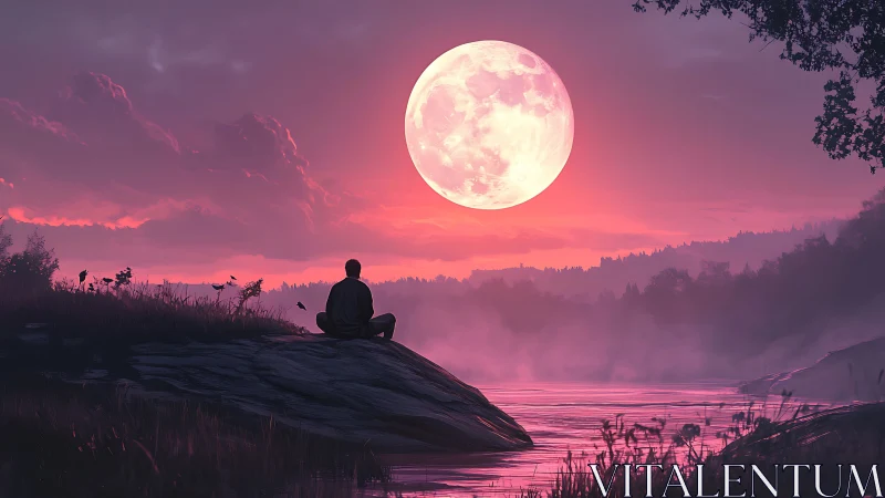Solitary figure contemplates a luminous moon over misty river