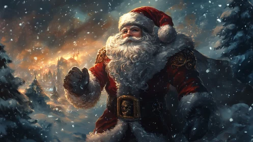 Epic Santa Claus strides through glowing winter storm.