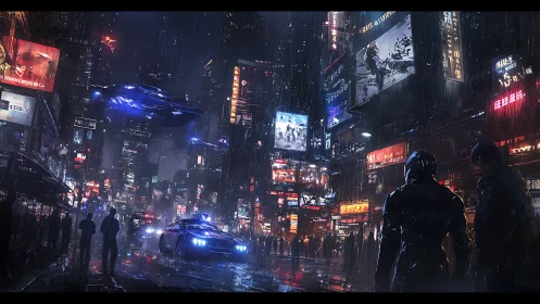 Neon soaked cyberpunk street alive with rain and mystery.