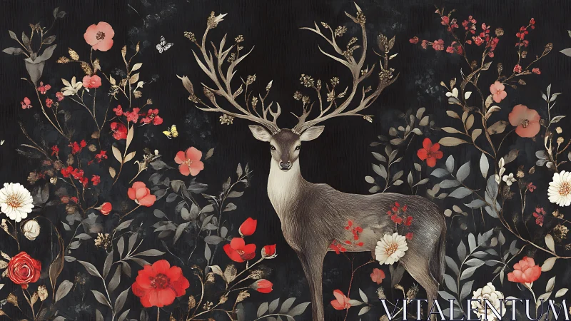 Illustrated stag with floral antlers amid dark botanical field
