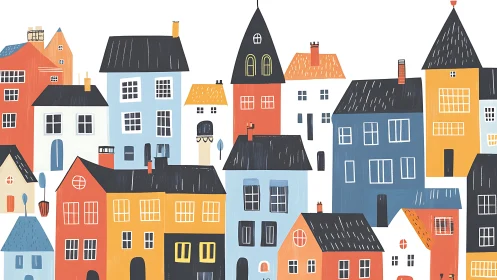 Color-blocked stylized townhouses with flat rooftops and towers