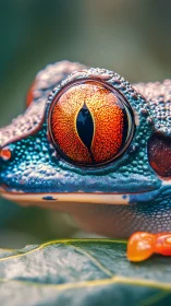 Iridescent frog eye macro with molten orange iris detail.