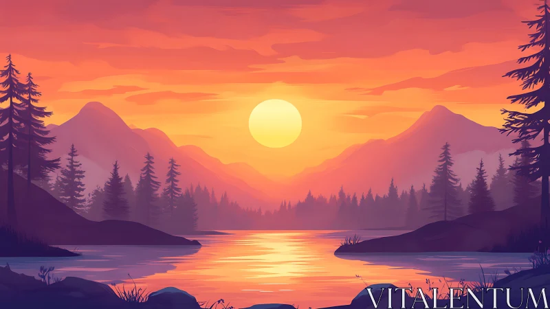 Sunset bathes tranquil mountain lake in glowing amber light.