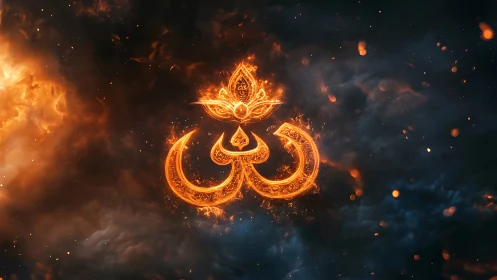 Flaming Om sigil blooms like a lotus in cosmic smoke.