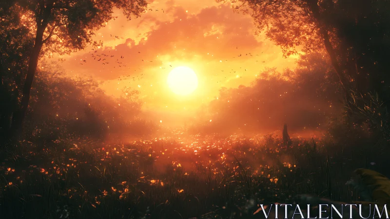 Volumetric sunset bloom over refractive meadow ecology.