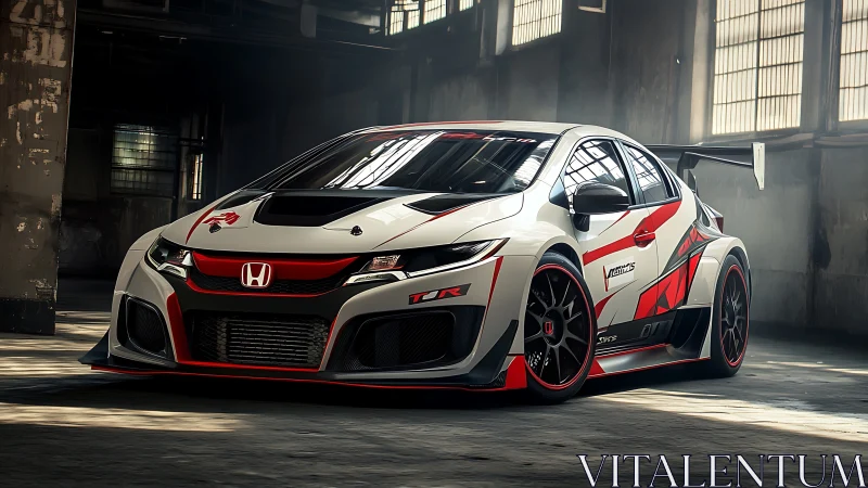 Aggressive Honda race car waits in a moody industrial garage