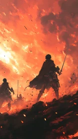 Warriors stand beneath a burning sky of fire and ash.