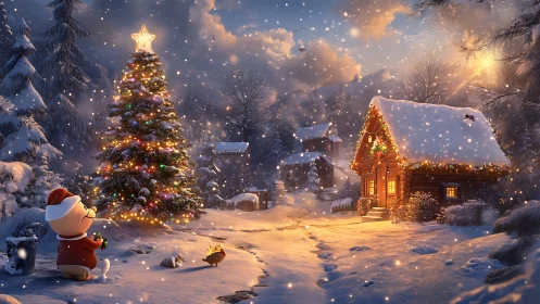Snow-covered cabin with lit tree and cartoon figures at dusk.