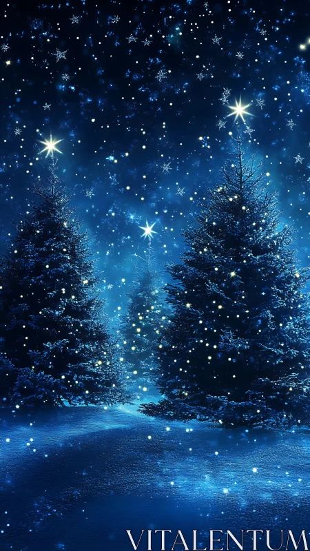 Starlit winter forest under deep blue night snowfall.