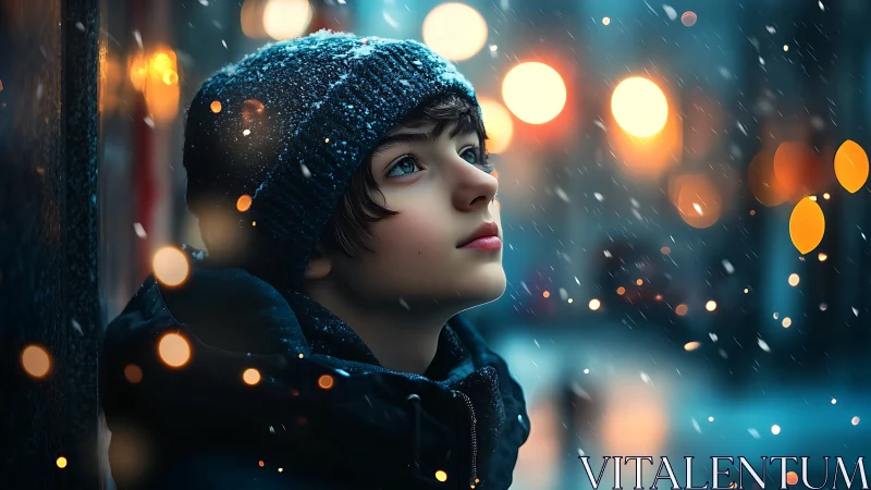 Snowlit urban portrait isolates subject with shallow depth of field
