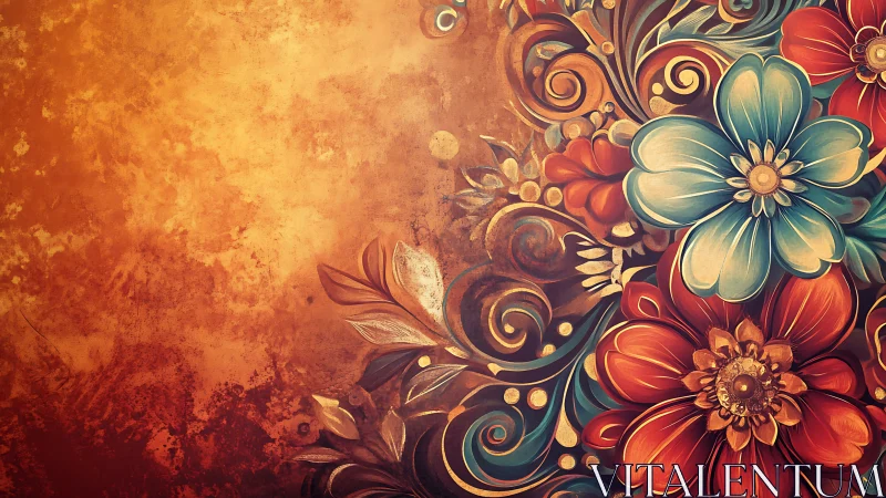 Whirling painted blossoms spill warmth across burnt gold