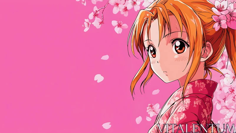 Anime girl in pink kimono beside falling cherry petals.