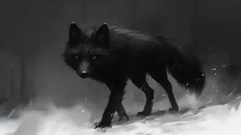 Midnight black fox stalks through misty winter forest.