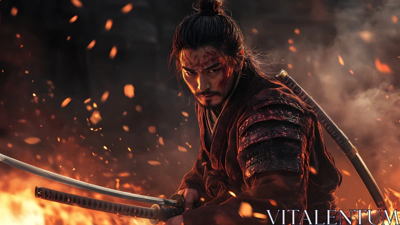 Battle-scarred samurai poised in firelit cinematic close-up