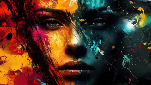 Dual-color abstract portrait uniting fire and shadow tones.