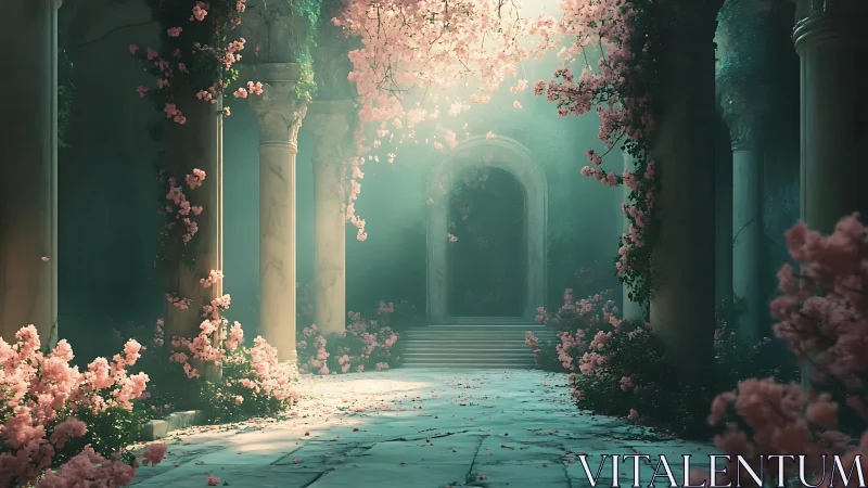 Iridescent colonnade under diffuse volumetric blossom light.