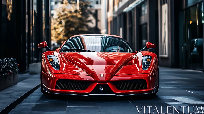 Red supercar front view reflects urban architecture precisely