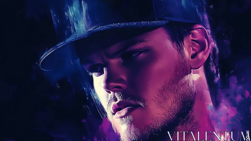 Intense digital portrait of man in cap with neon light.