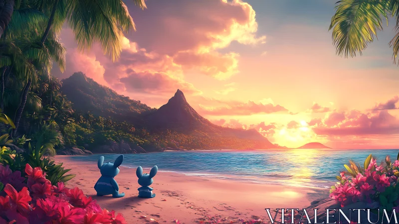 Tropical Sunset Beach with Stone Figures.